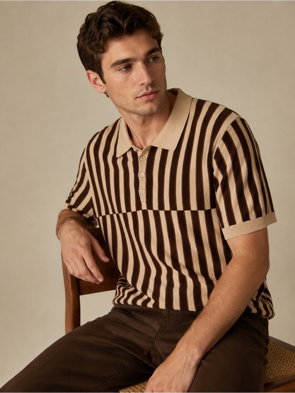 Alfani Men’s XL Knit Polo Shirt Brown Beige Vertical Stripe 100% Cotton Retro